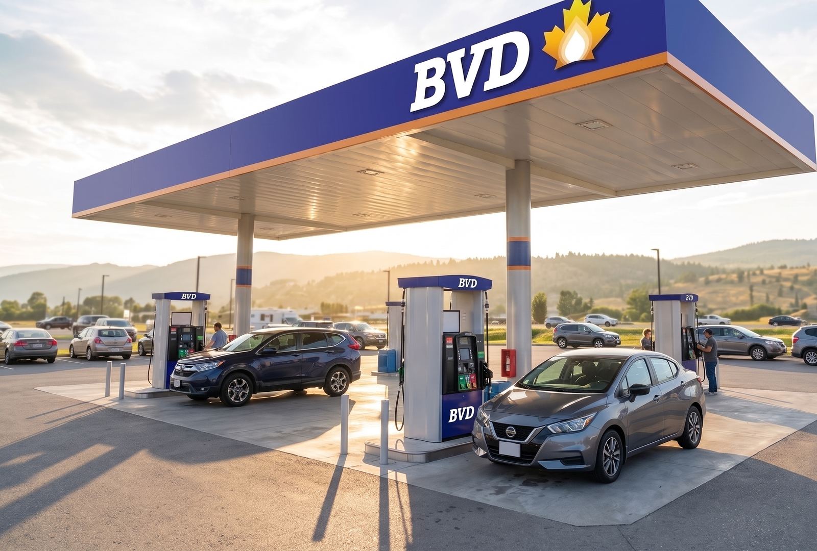 Cars fuelling under the canopy at a BVD Travel Centre forecourt.